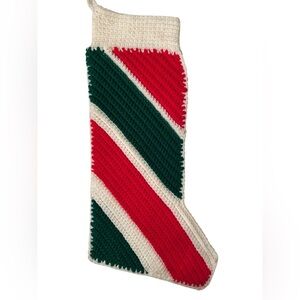 Vtg 80's Handmade Crocheted Christmas Stocking Striped Red Green White 18" Long